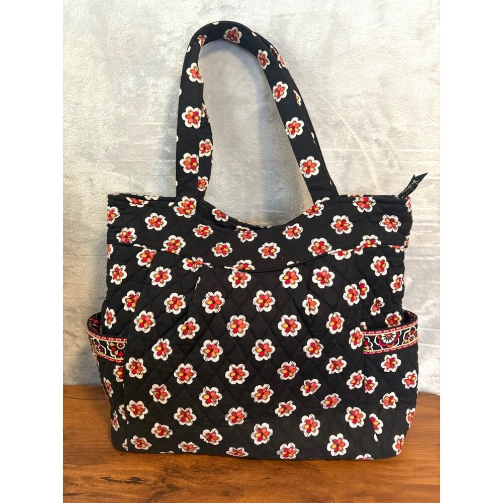 Vera Bradley Quilted Piroutte Floral Tote Boho Bag Cotton Black Red Shoulder